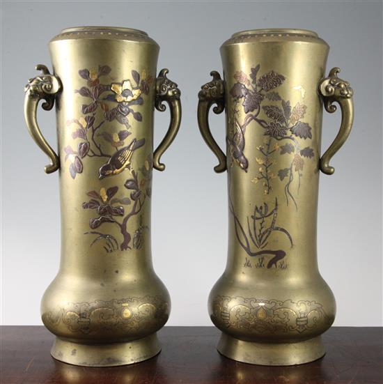 A pair of large Japanese bronze and mixed metal vases, 19th century, height 36cm, small nick out of one foot